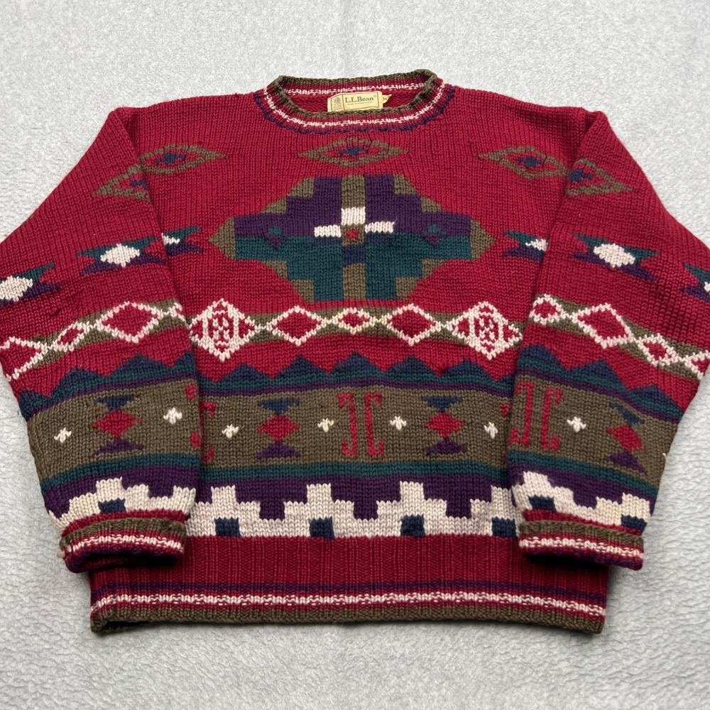 VTG LL Bean Sweater Mens Medium Red Geometric Aztec Wool Chunky Pullover Crew